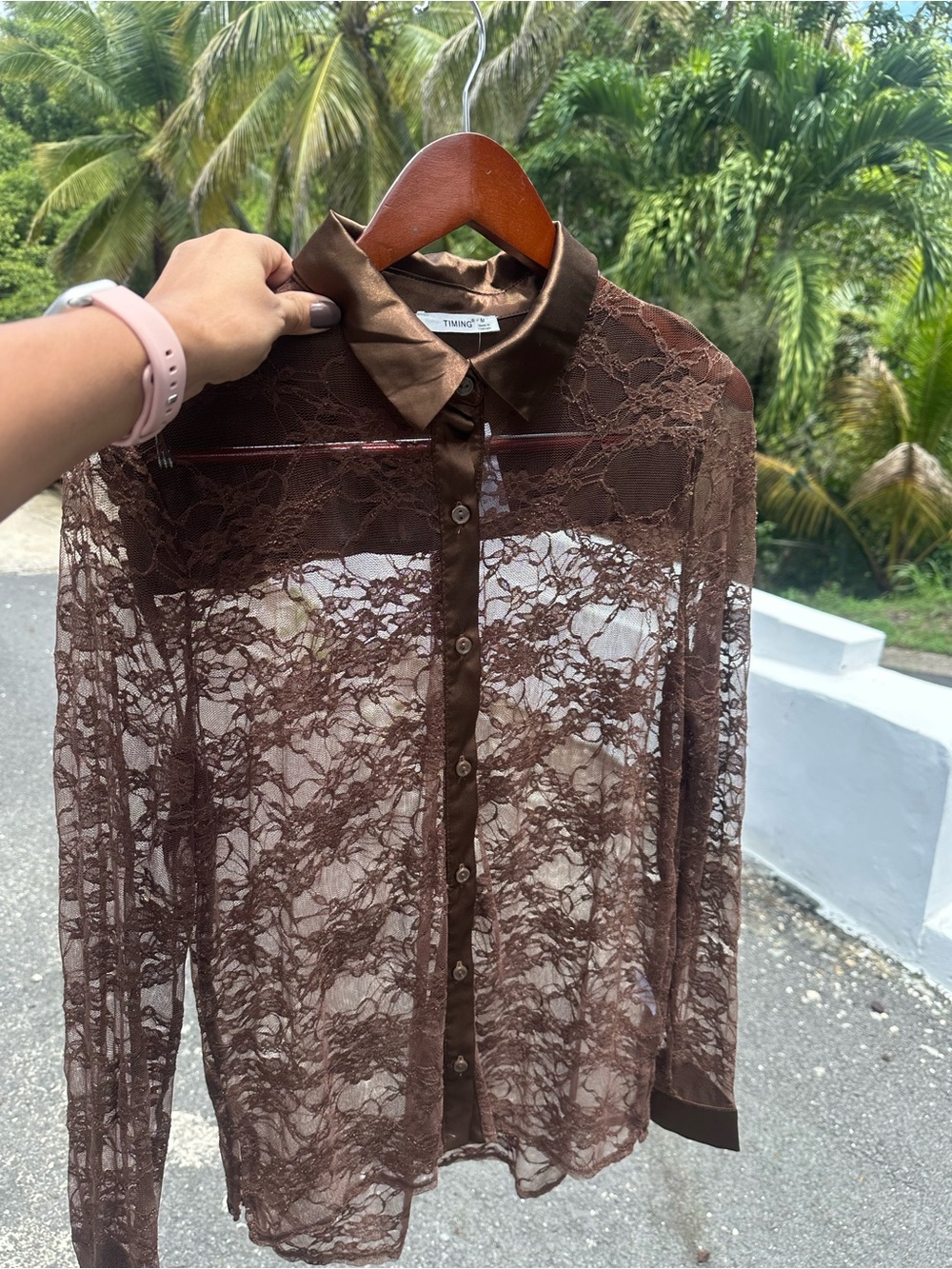 Timing Sheer Brown Lace Button-Down Shirt for Women or men